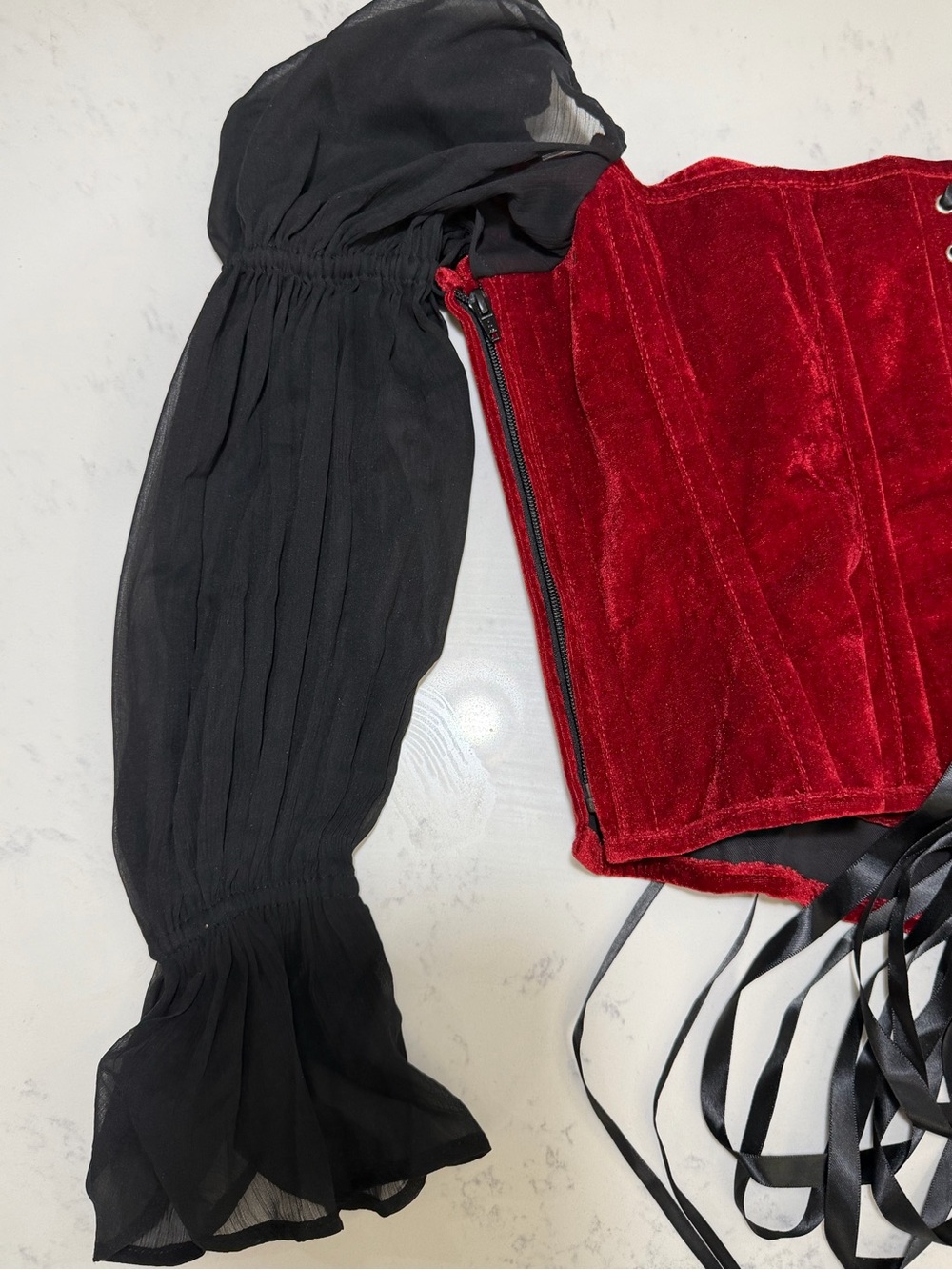 Red Velvet Lace-Up Corset with Black Lacing and black sleeves - Women’s Accessor - Picture 9 of 16
